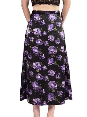 Amy Byer | Vintage Y2K Black and Purple Floral Satin High Waisted Midi Skirt